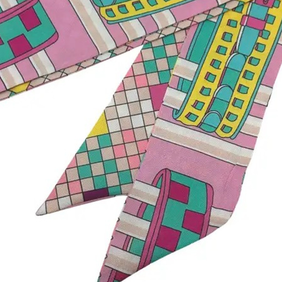 Unique Printed Skinny Twilly Scarf Pink Green - Picture 2 of 2